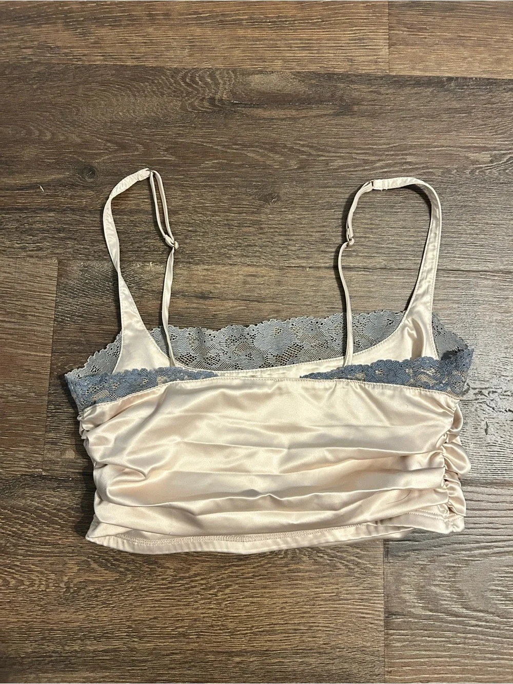 Free People Satin Cream Bandeau Cami with Blue Lace Trim